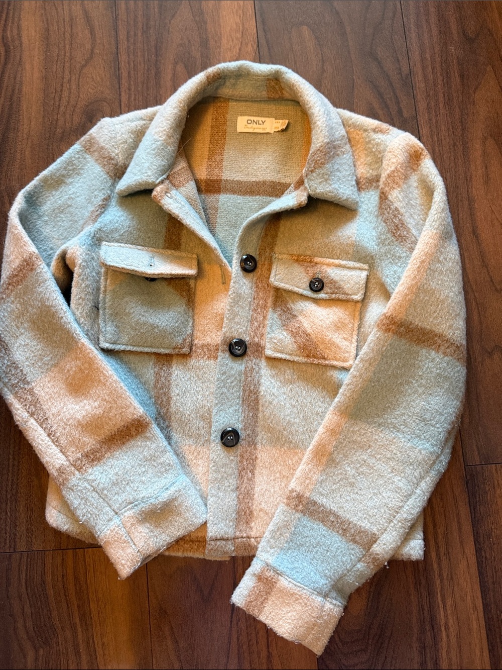 Only Girls' Plaid Shacket Jacket in Light Blue & Tan